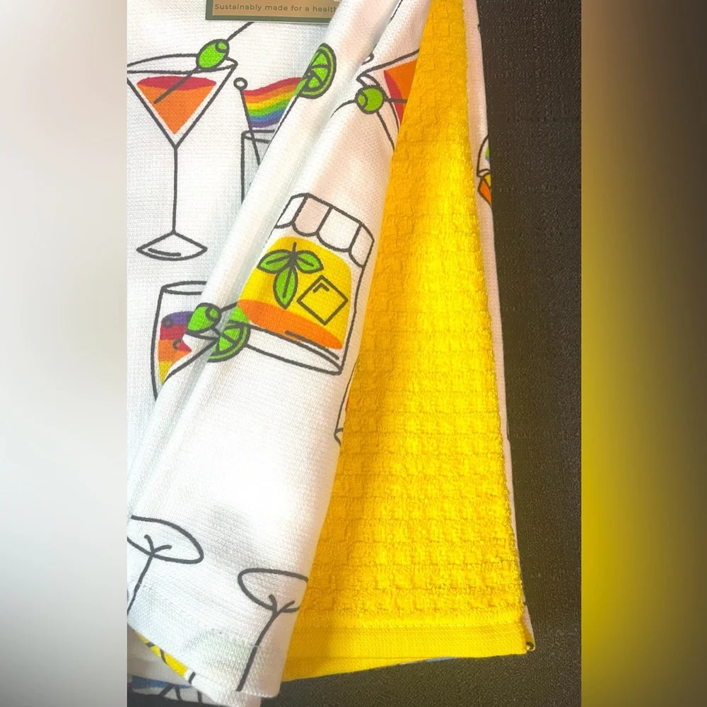 Cocktails Kitchen Towel Set 3-pc White w/ Rainbow PRIDE Martinis Wine++ NEW NWT